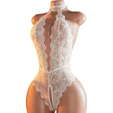 Erotic Backless Deep V Lingerie Transparent Floral Lace Temptation Night Dress Teddy Babydoll Crotchless Underwear