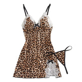 Lingerie Sleeveless Mini Dress Leopard Print V-Neck High Side Slit 2-Piece Set