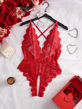 One-Piece Sheer Mesh Crotchless Lace Lingerie Red Black Deep V Plunge Backless Open Design Teddy Fashion Appeal Clothing