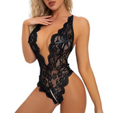 Pajamas Deep V Open Bra Crotchless Hollow Out Bodysuit Dress Black Lingerie Romper Exotic Underwear
