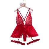 Red Bodysuit Mesh Lace Lingerie Deep V Backless Hollow Out Teddy