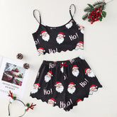Sleepwear Christmas Santa Print Crew Neck Sleeveless with Spaghetti Strap Top and Shorts Pajama Set Loungewear