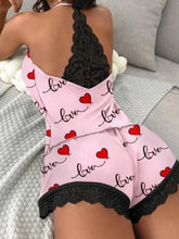 Casual Pajamas Set Summer Sleepwear 2 Pieces Sleeveless V-Neck Heart Print Cami Tops and Shorts Set Loungewear