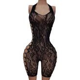 Low-Neck Side-Mesh Elastic Onesie Hanging Strap Hollow out Floral Pattern Transparent Full-Leg Bodysuit