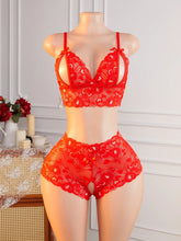 Red Lace Lingerie Set 2-Piece Bra And Panty Sets V-Neck Spaghetti Strap Sleepwear