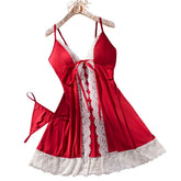 Red Lace Chemise Sleep Dress With Front Tie & Adjustable Spaghetti Straps