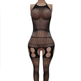 Knitted Nightgown Hanging Neck Net Lace Back Hollow out See-through Knitwear