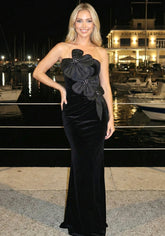 Strapless Floral Detail Maxi Velvet Dress Black