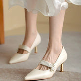 Sling- back Pearl Sheep Suede Leather Pointed Toe Thin Heel Sandals