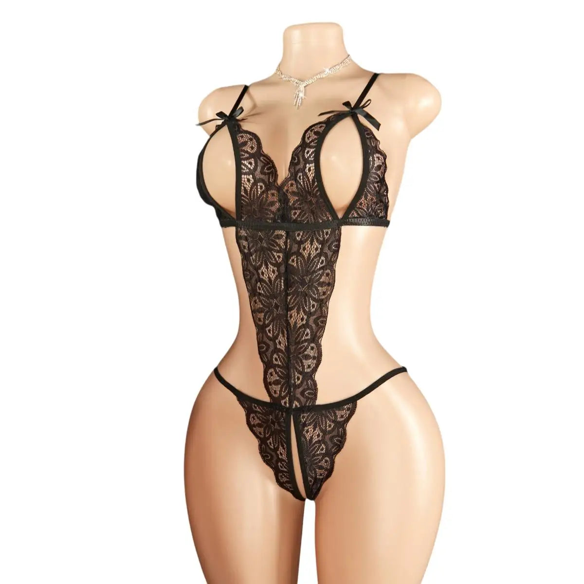 1-piece Lace Deep V Crotchless Bra & Pajama Set Sheer Ultra-Lingerie