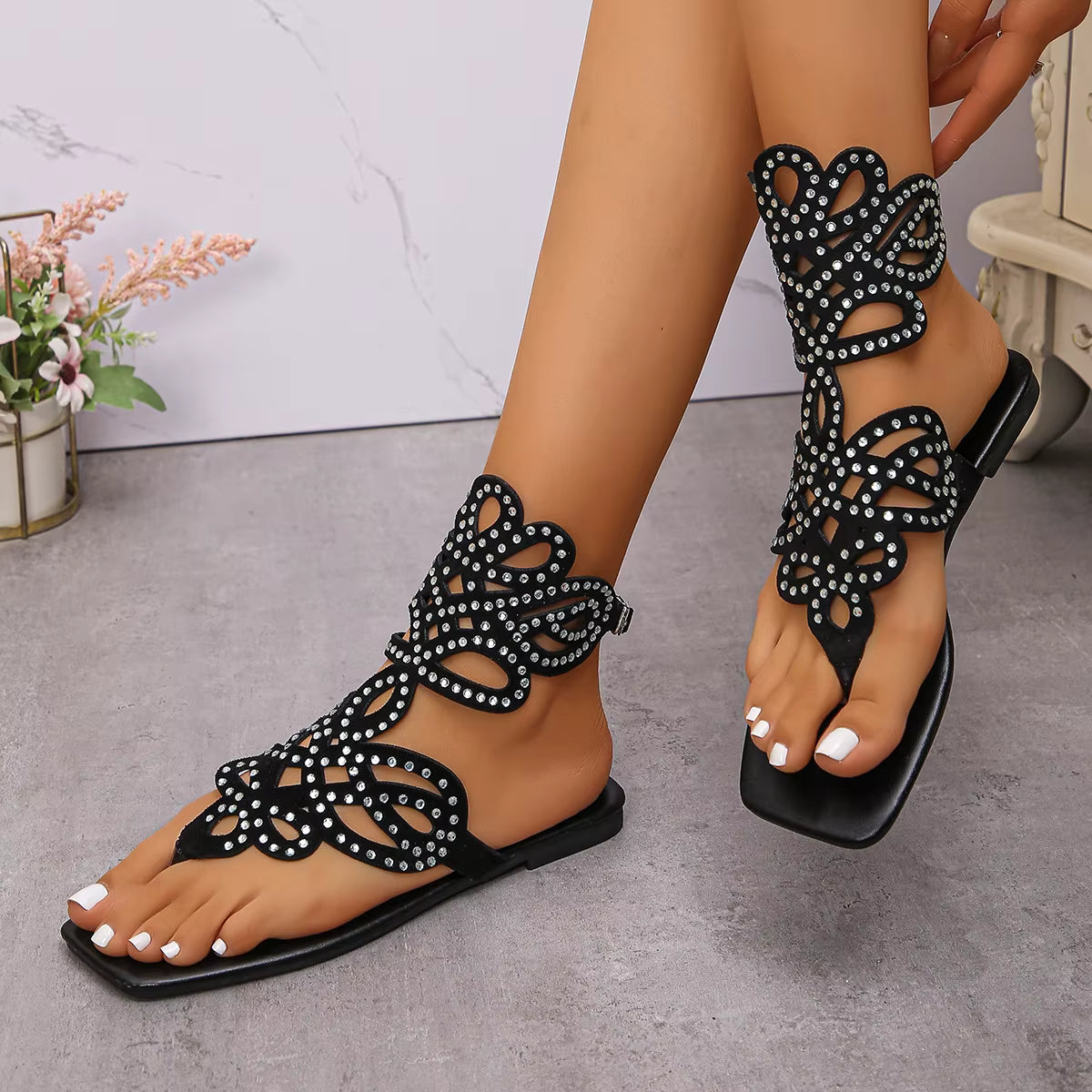 Casual Square Toe Crystal Embellished Openwork Flats Sandals