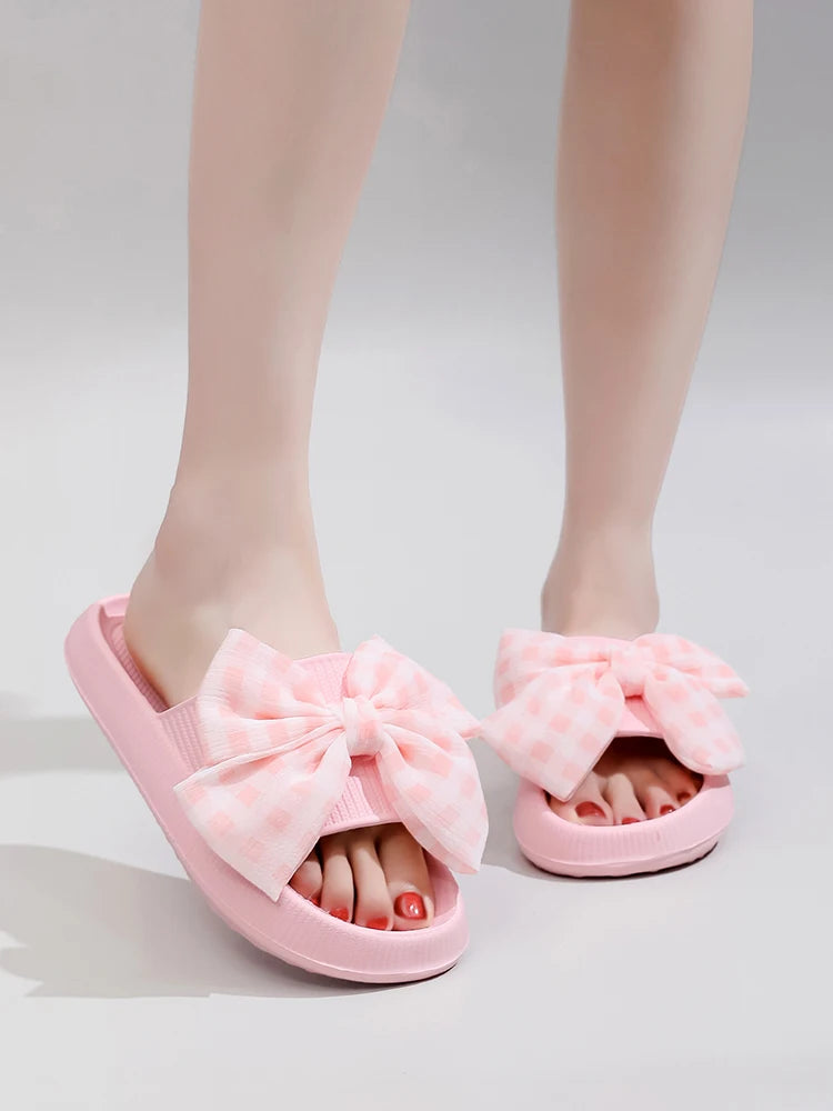Sweet Flower Bow Thick Platform Indoor Bathroom Flip Flops Cloud Slippers