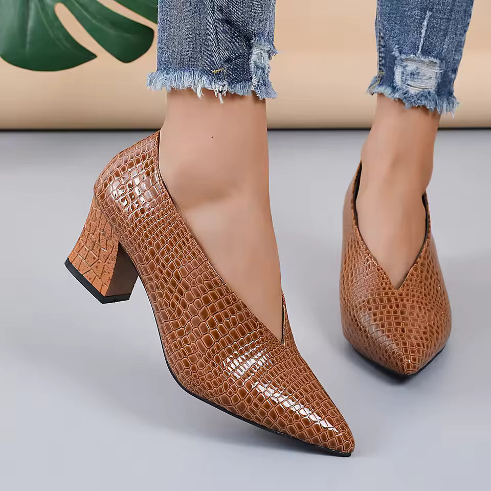 Casual Soft Leather Shallow Pointed Toe Thick Square Heel