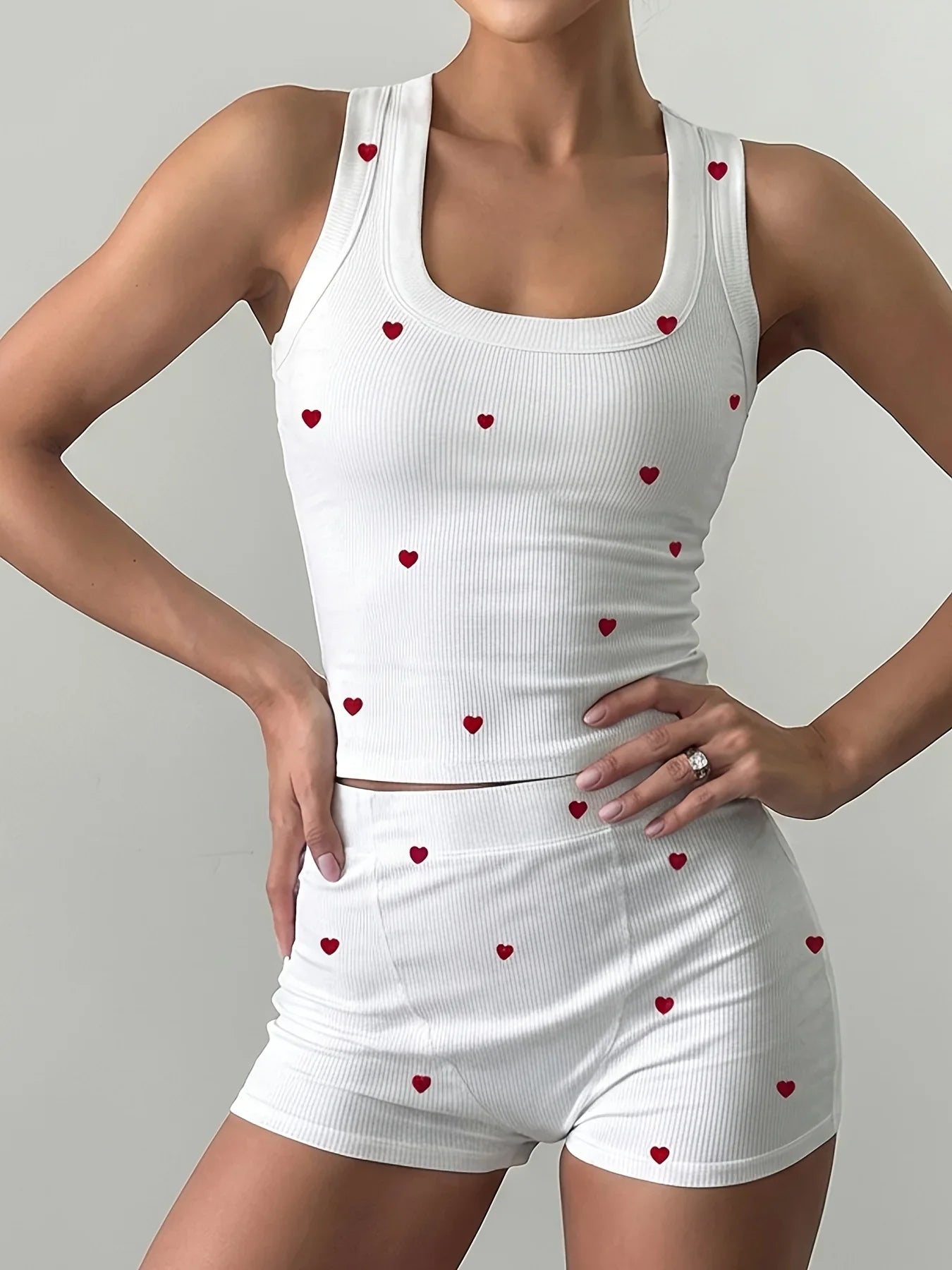 2 Piece Pajamas Set Heart Print Crop Tops and Shorts Loungewear Set Summer Sleepwear Home Clothes