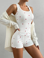 2 Piece Pajamas Set Heart Print Crop Tops and Shorts Loungewear Set Summer Sleepwear Home Clothes