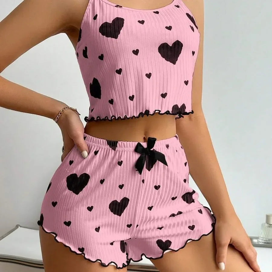 2 Pieces Pajama Set Shorts Homewear Print Underwear Pijamas Lingerie Camisoles Tanks Nighty Sleepwear