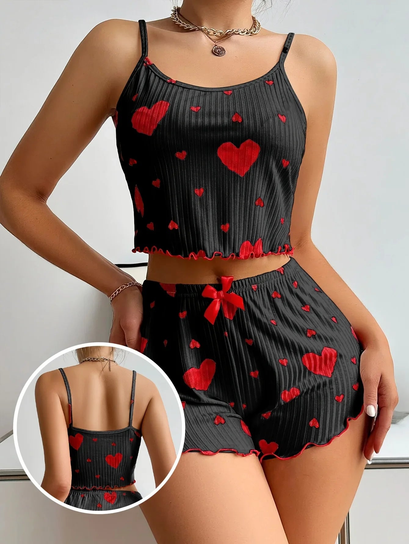 2 Pieces Pajamas Set Sleepwear Heart Print Crop Tops and Shorts Suit Homewear Underwear Pijama Lingerie Nighty