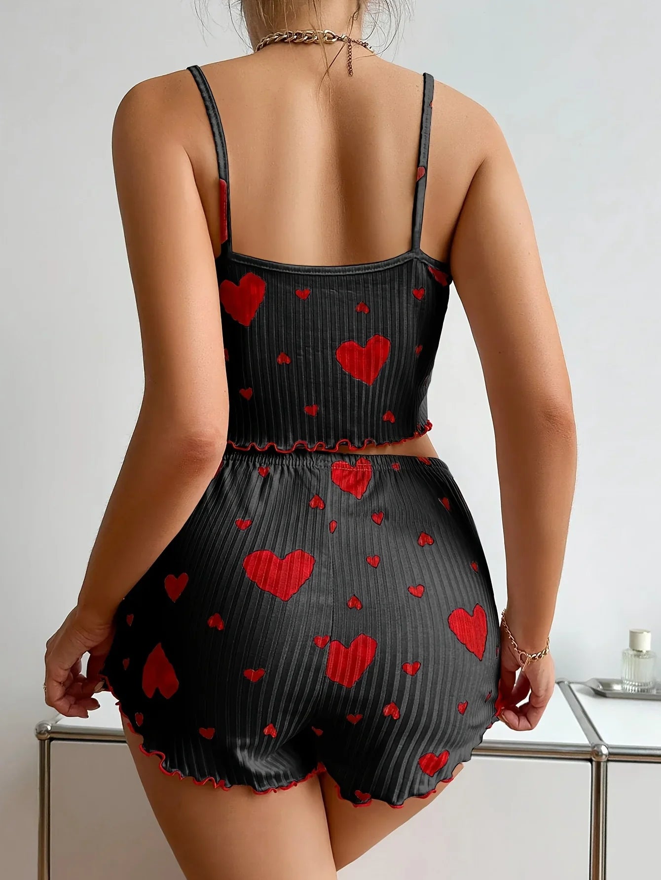 2 Pieces Pajamas Set Sleepwear Heart Print Crop Tops and Shorts Suit Homewear Underwear Pijama Lingerie Nighty
