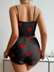 2 Pieces Pajamas Set Sleepwear Heart Print Crop Tops and Shorts Suit Homewear Underwear Pijama Lingerie Nighty