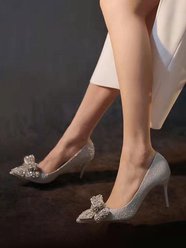 Pointed Toe Rhinestones Sequined Bow Stiletto Heel Wedding Shoes