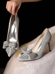 Pointed Toe Rhinestones Sequined Bow Stiletto Heel Wedding Shoes