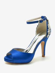 Peep Toe Pattern Rhinestones Chunky Satin Heel Bridal Shoes