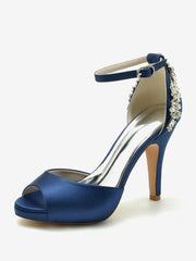 Peep Toe Pattern Rhinestones Chunky Satin Heel Bridal Shoes
