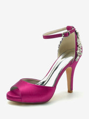 Peep Toe Pattern Rhinestones Chunky Satin Heel Bridal Shoes