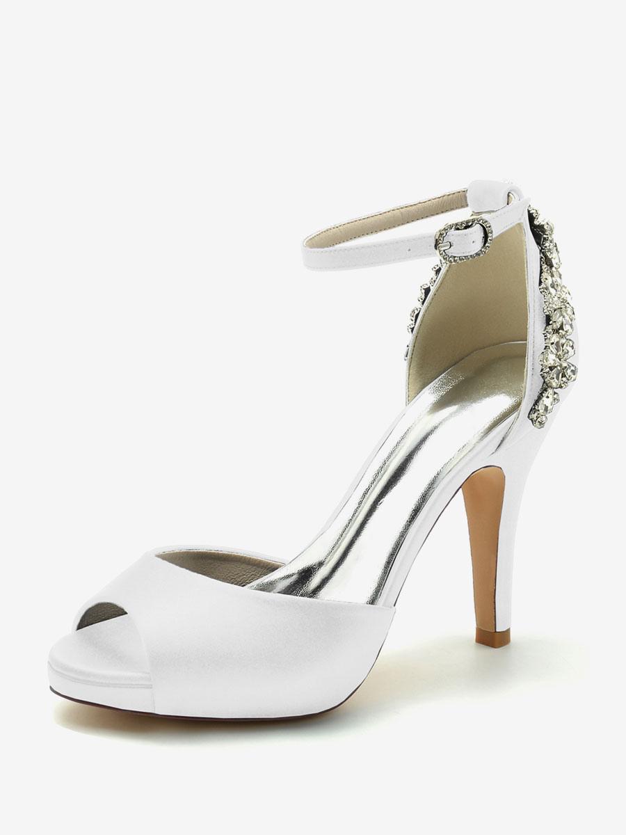 Peep Toe Pattern Rhinestones Chunky Satin Heel Bridal Shoes