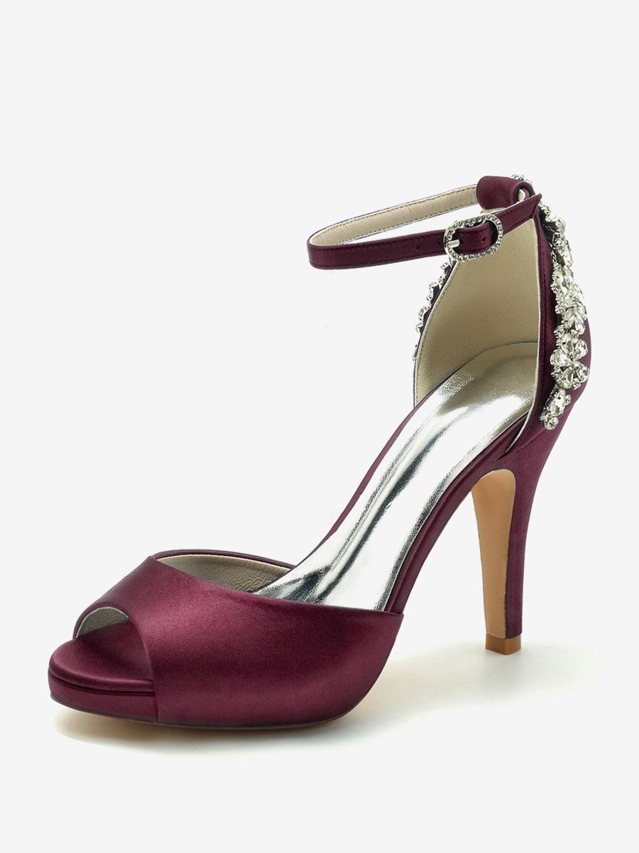 Peep Toe Pattern Rhinestones Chunky Satin Heel Bridal Shoes