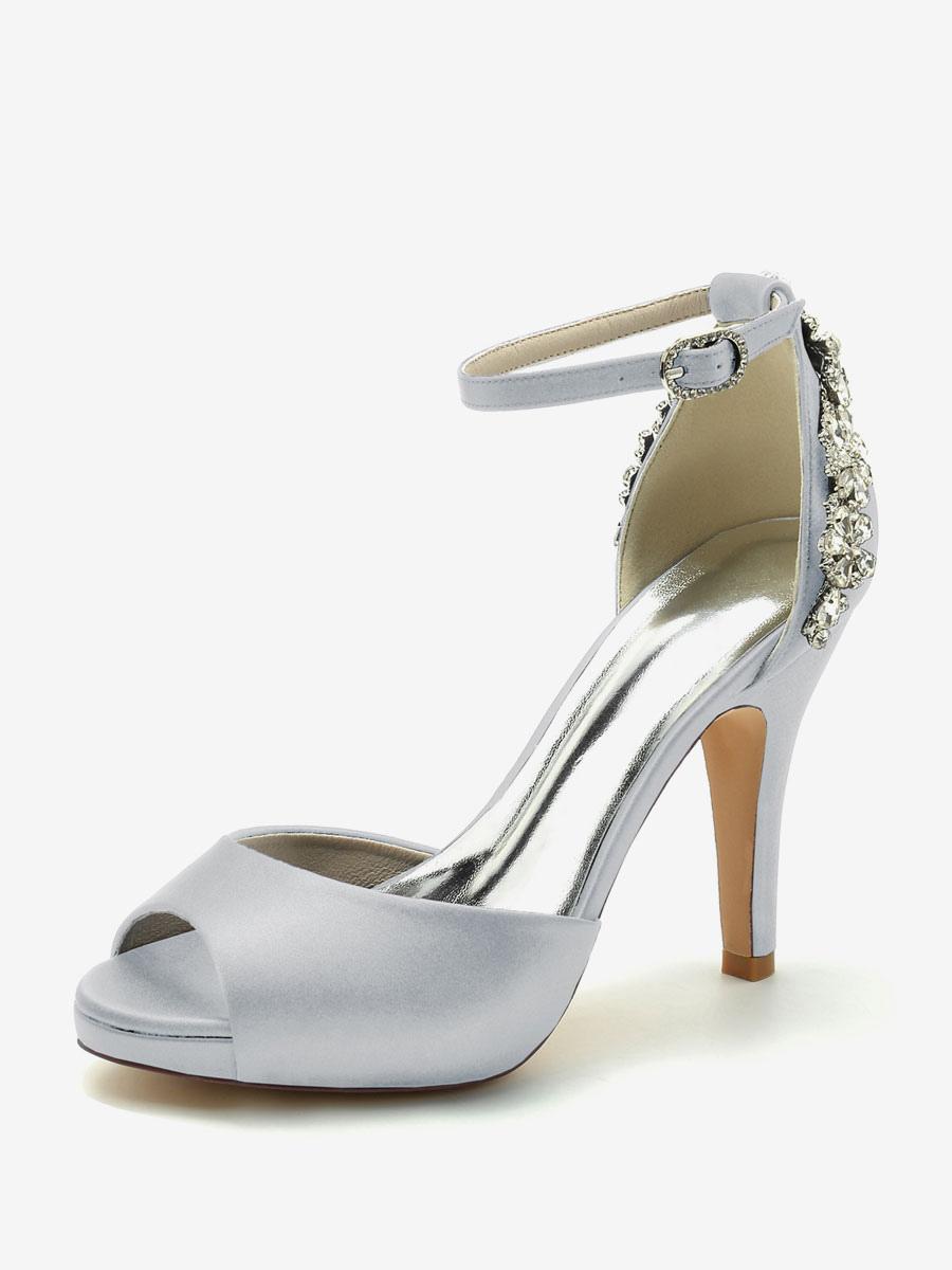 Peep Toe Pattern Rhinestones Chunky Satin Heel Bridal Shoes