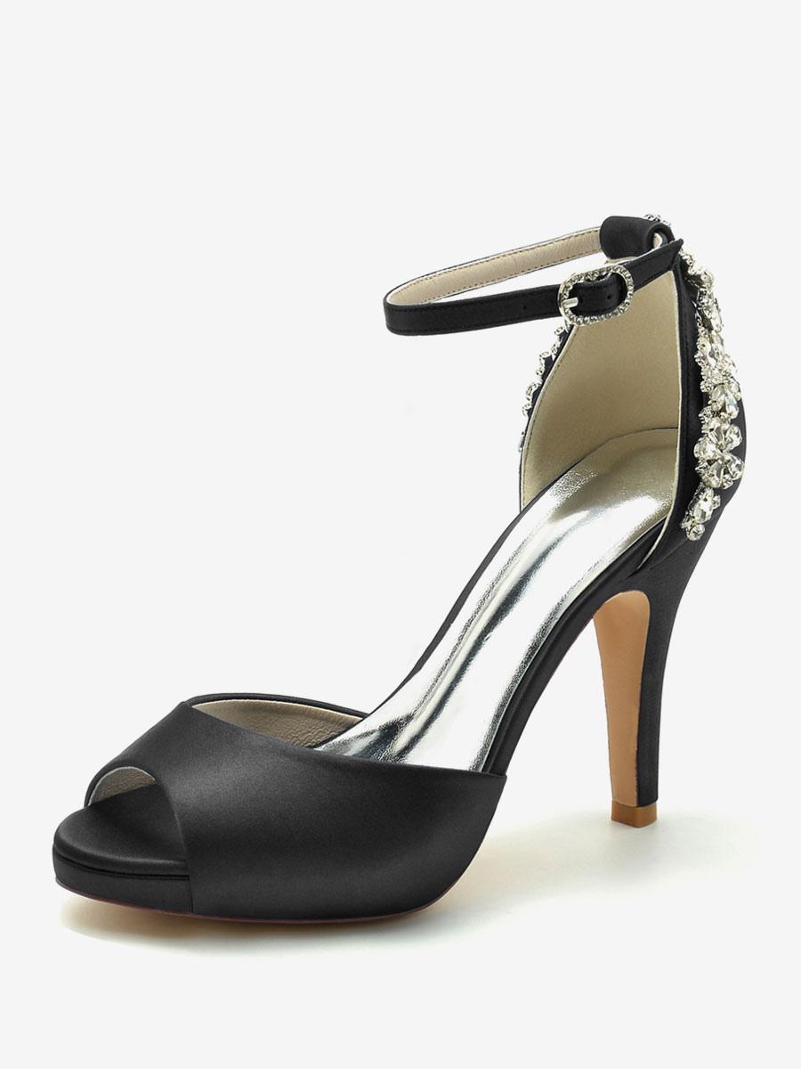 Peep Toe Pattern Rhinestones Chunky Satin Heel Bridal Shoes