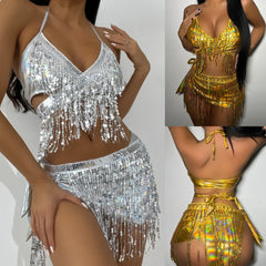 new split swimsuit set of three flash cloth fringed bikini Bikini now