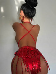 swimsuit new European and American deep V swimsuit ins tassel one-piece swimsuit
