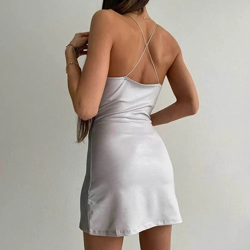 European and American popular off shoulder suspender silver tight dress