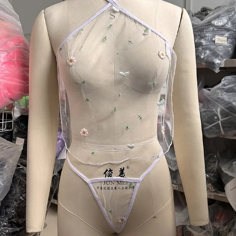 Tempting Embroidery Floral Mesh See-Through Look Body Lingerie Adjustable Lace Up Top Seductive Exotic Thong Porn Set