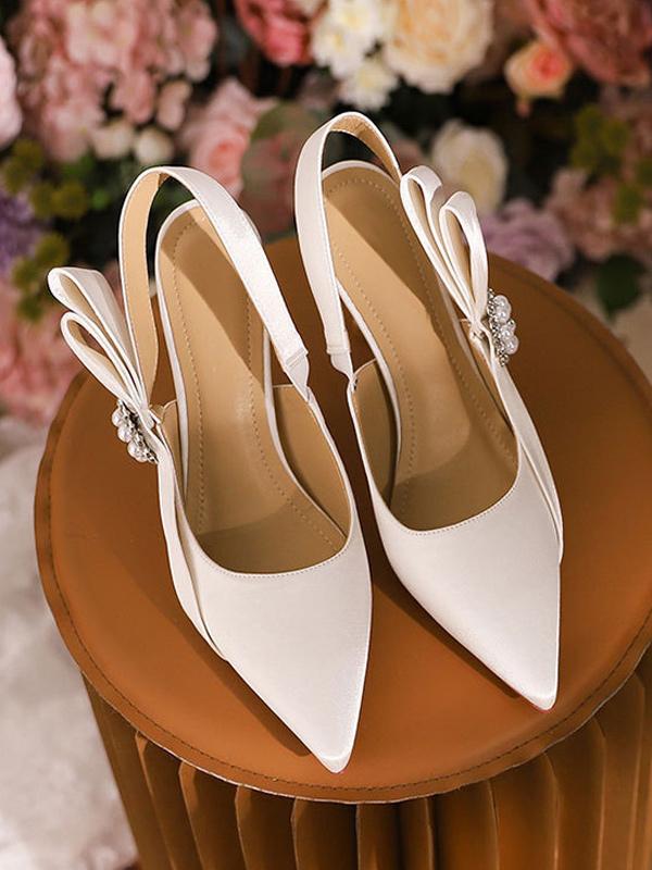 Bow Pearls Pattern  Satin Pointed Toe Wedding Bridal Shoes