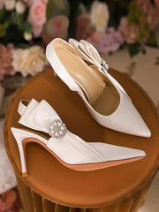Bow Pearls Pattern  Satin Pointed Toe Wedding Bridal Shoes