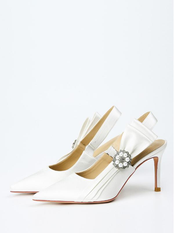 Bow Pearls Pattern  Satin Pointed Toe Wedding Bridal Shoes