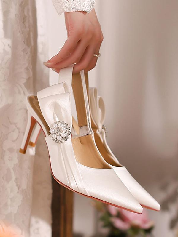 Bow Pearls Pattern  Satin Pointed Toe Wedding Bridal Shoes