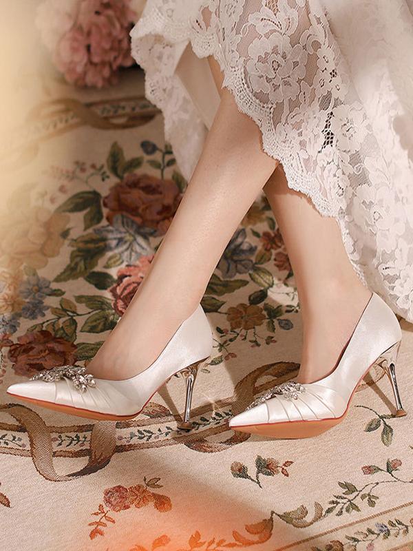 Pointed Toe Rhinestones High Heel Fashion  Satin Wedding Shoes