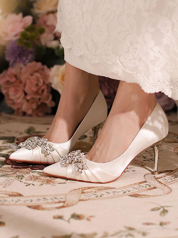 Pointed Toe Rhinestones High Heel Fashion  Satin Wedding Shoes