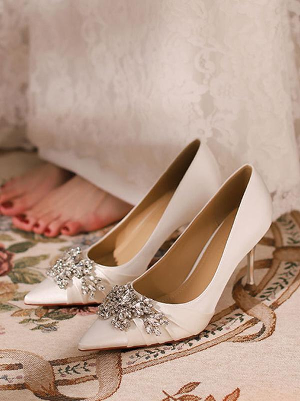 Pointed Toe Rhinestones High Heel Fashion  Satin Wedding Shoes