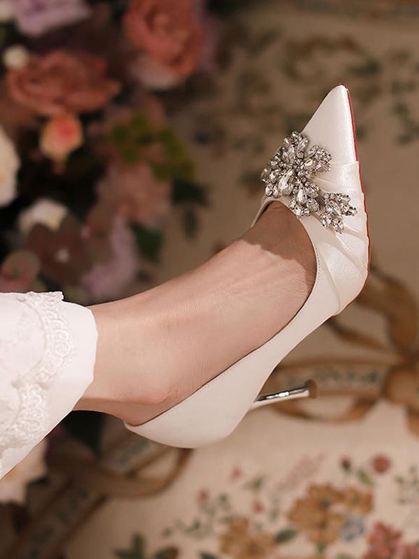 Pointed Toe Rhinestones High Heel Fashion  Satin Wedding Shoes