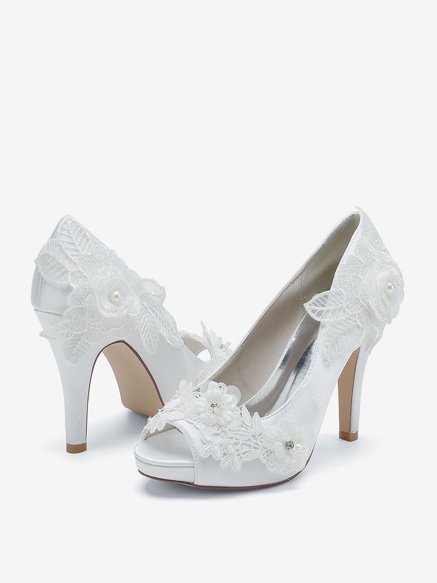 Flower Leaves Pattern Satin Peep Toe Wedding Bridal Shoes