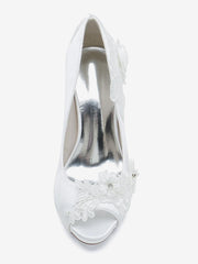 Flower Leaves Pattern Satin Peep Toe Wedding Bridal Shoes
