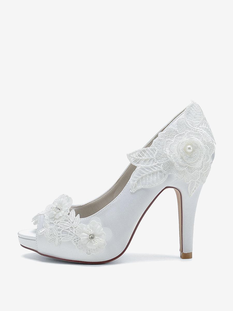 Flower Leaves Pattern Satin Peep Toe Wedding Bridal Shoes