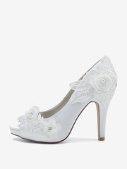 Flower Leaves Pattern Satin Peep Toe Wedding Bridal Shoes