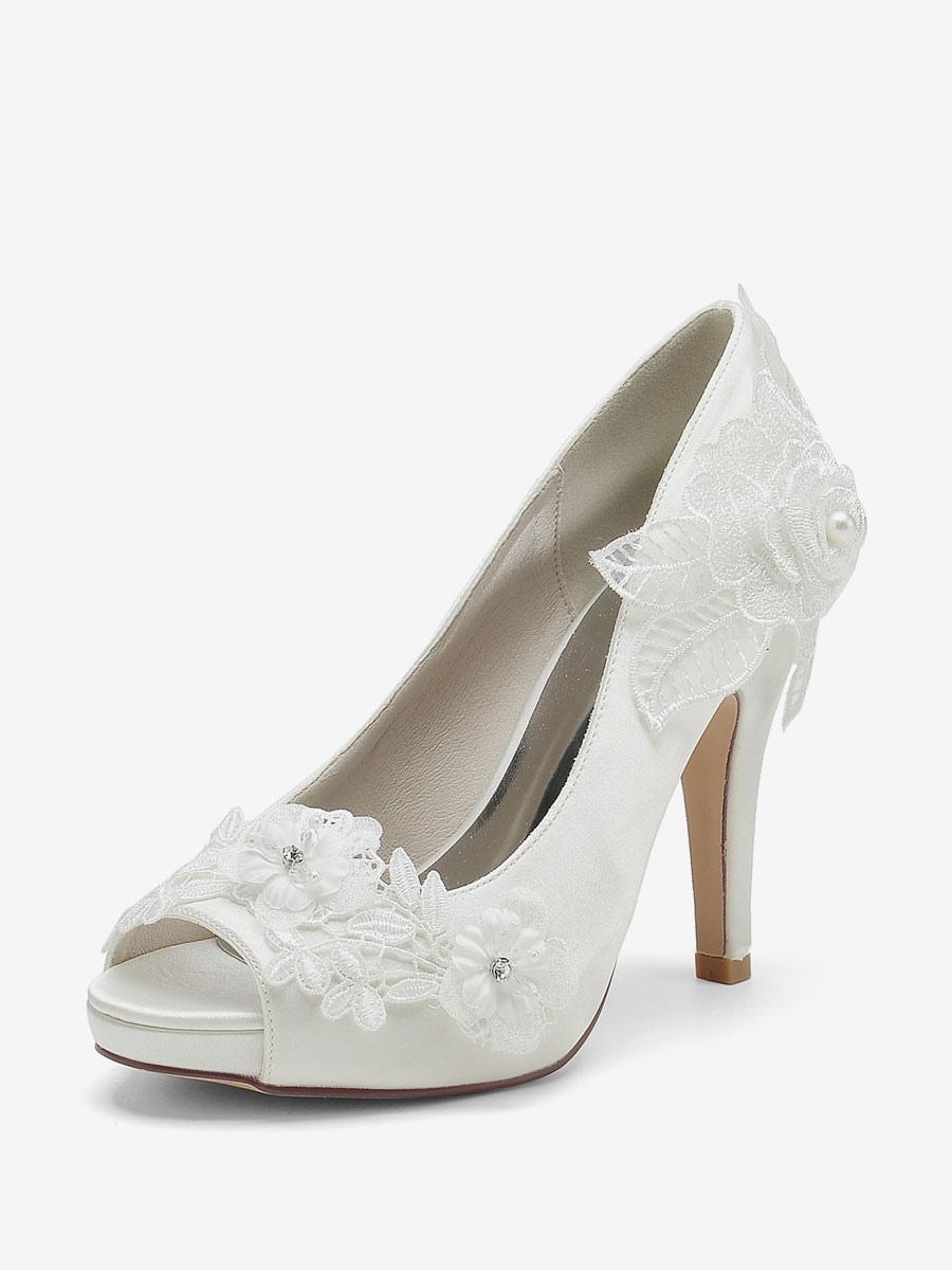 Flower Leaves Pattern Satin Peep Toe Wedding Bridal Shoes