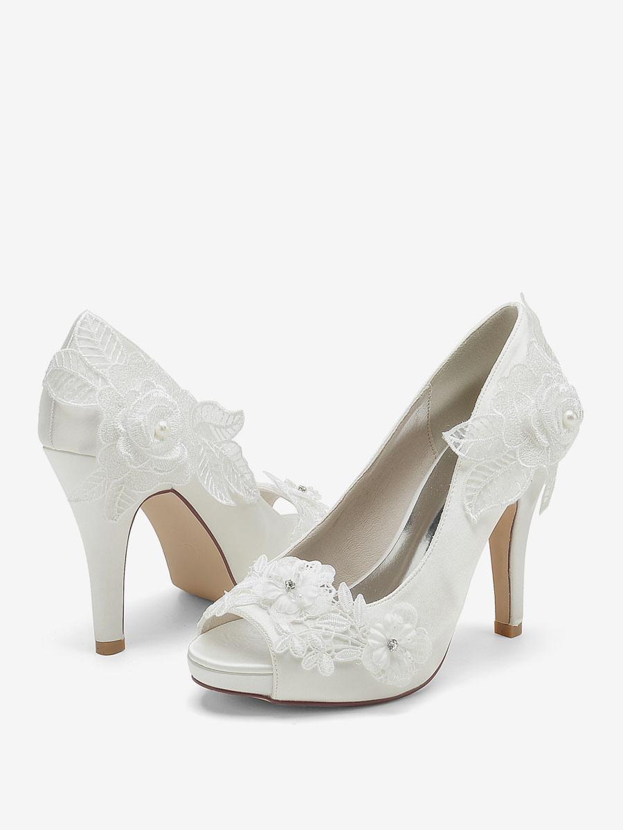 Flower Leaves Pattern Satin Peep Toe Wedding Bridal Shoes